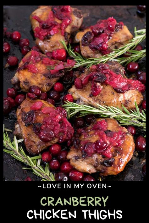 Cranberry chicken thighs with a simple cranberry glaze for a pop of flavour. This holiday chicken recipe is a great way to use those fresh cranberries that are in season! // chicken recipes for the holidays // roasted cranberry chicken // one pan chicken thigh recipes Cranberry Chicken Thighs, Holiday Chicken Recipes, Holiday Chicken, Cranberry Glaze, Season Chicken, Cranberry Chicken, Refreshing Beverages, Roasted Chicken Thighs, Sauce Chicken