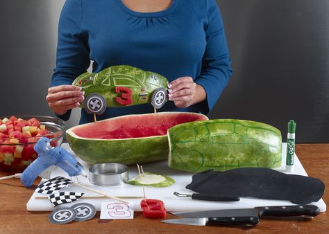 Watermelon Board | Nascar Race Car Cottage Stable, Watermelon Snack, Watermelon Car, Fruit Creations, Frozen Watermelon, Iftar Recipes, Hot Wheels Party, Hot Wheels Birthday, Pinewood Derby Cars