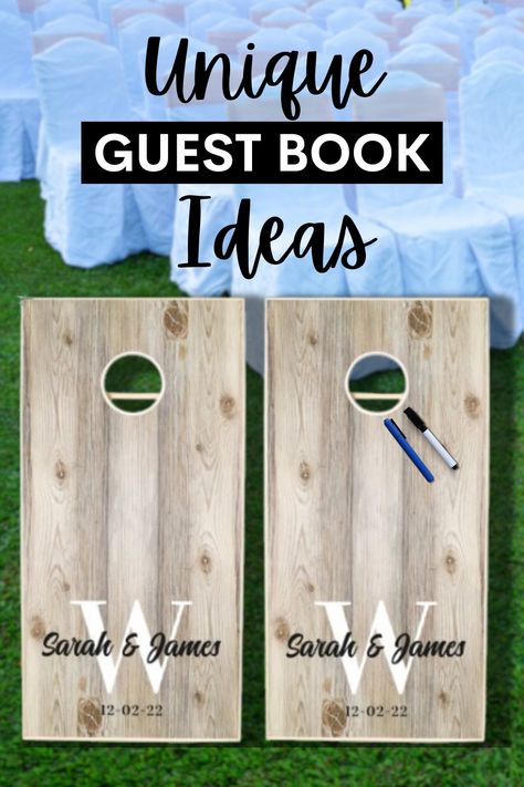 Image of unique wedding guest book idea featuring cornhole boards with personalized designs. A creative alternative to traditional guest books. #UniqueWeddingGuestBookIdeas #CornholeBoardsDesigns #GuestBookAlternatives #WeddingGames Cornhole Boards Designs Wedding Guest Book, Creative Wedding Guest Books, Wedding Cornhole Boards, Cornhole Boards Designs, Unique Guest Book, Wedding Guest Book Unique, Wedding Activities, Cornhole Set, Wedding Guest Book Alternatives