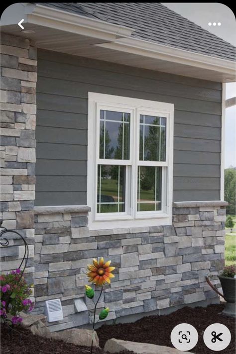 Siding Stone Exterior, Gray Siding And Stone Exterior, Stone Ideas For Front Of House, Stone On Front Of House Exterior, Outside Stone On House, Stone Over Brick Exterior, Grey Exterior House Colors With Stone, Exterior Rock On House, Stone Accent Exterior