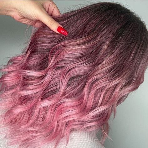 Brunette Hair With Pink Ends, Dark Roots Pink Hair Balayage, Coloured Balayage, Pink Hair Balayage, Brown To Pink Balayage, Ombre Pink Hair, Bubblegum Pink Hair, Pink Hair Highlights, Pink Hair Color Ideas