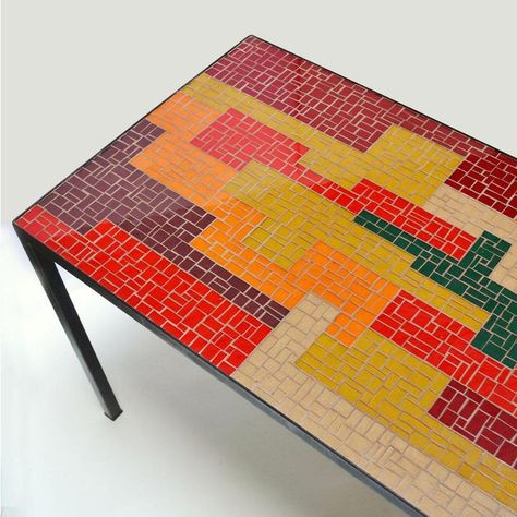 Mosaic coffee table with strong abstract design a well balanced palate in black, red, orange salmon and ochre pieces of rectangular and square pieces of glass creating a striking pattern in horizontal and vertical directions. The elegant frame is in black metal. Square Tile Mosaic Patterns, Geometric Mosaic Art, Cool Mosaic Designs, Square Mosaic Patterns, Outdoor Mosaic Table, Mosaic Countertops, Mosaic Table Top Designs, Modern Mosaic Art, Mosaic Designs Pattern