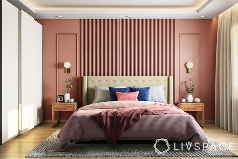 bedroom ideas-modern bedroom-fluted wall panels Modern Bedroom Design Indian, Fluted Wall Bedroom Ideas, Bedroom Fluted Wall, Pink Slat Wall, Fluted Bedroom Wall, Fluted Wall Bedroom, Fluted Panel Bedroom, Mdf Wall Panel Ideas Bedroom, Fluted Wall Panel Bedroom