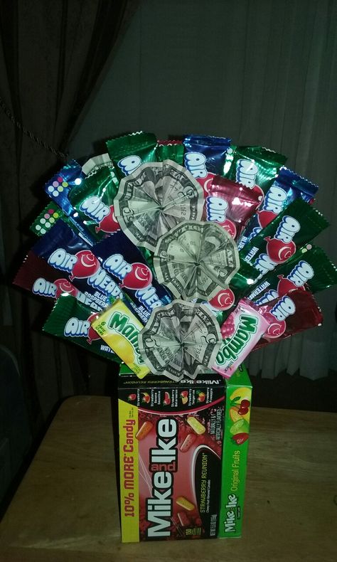 Mike And Ike Valentines Ideas, Money And Candy Bouquet, Birthday Baskets, Money As A Gift, Graduation Money Gifts, Candy Arrangements, Folding Money, Christmas Eve Party, Mike And Ike