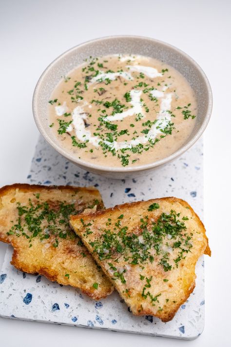 Mushroom Soup with Garlic Confit Toast — Bread Bake Beyond Soup Presentation Ideas, Garlic Bread Plating, Mushroom Soup Plating, Garlic Toast With Bread, Mushroom Soup With Garlic Bread, Garlic Bread Food Photography, Mushroom On Toast, Mushrooms On Toast, Spicy Spaghetti