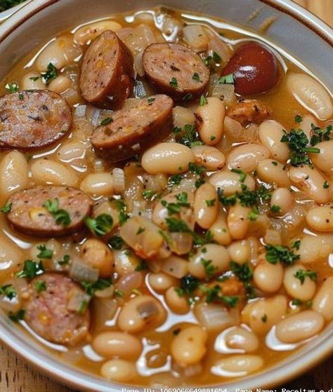 White Beans And Sausage, Sausage Bowl, Bean And Sausage Soup, White Bean Recipes, Beans And Sausage, Rustic Recipes, Northern Beans, Cooking White Rice, Great Northern Beans