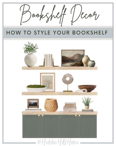 Decorated Tv Stand, Decorating Living Room Shelves, Decorate Tv Stand, Styling A Bookshelf, Bookshelves Display, Style A Bookshelf, Hidden Hills Home, Styling Books, Style Bookshelves