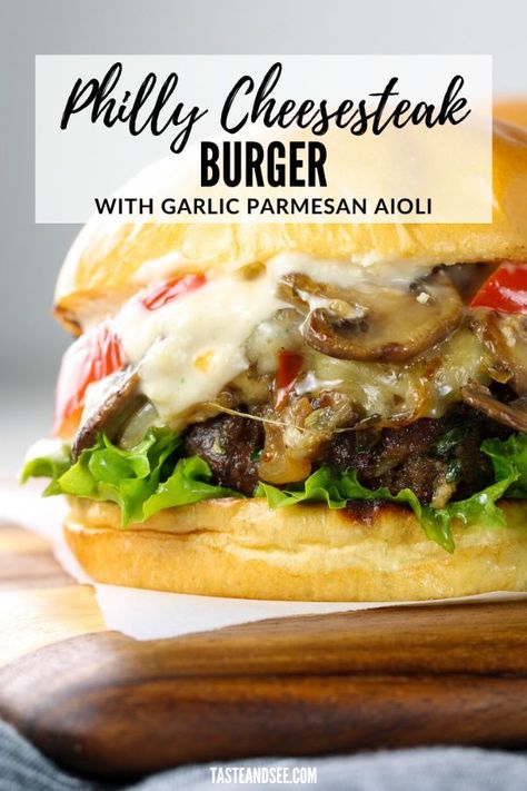 Parmesan Aioli, Cheesesteak Burger, Gourmet Burgers Recipes, Ultimate Burger, Gourmet Burger, Best Burger Recipe, Burger Night, Ground Meat Recipes, Cheese Steak