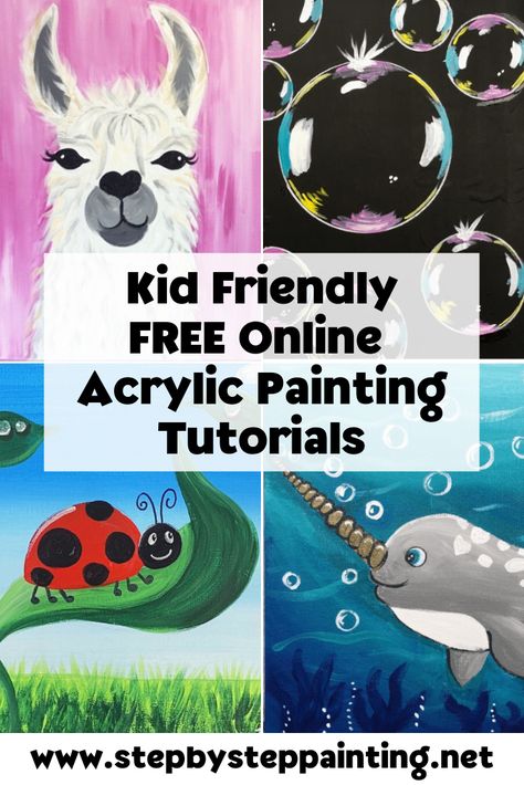 Learn to paint at home with your kids! These are free online acrylic painting tutoirals for kids and all ages! Learn with art teacher Tracie Kiernan! Acrylic Paint On Canvas Ideas, Directed Painting For Kids, Easy Kids Canvas Painting Ideas, Diy Step By Step Canvas Painting Easy, Diy Paint Party Kids, Kids Paint Night Ideas, Free Acrylic Painting Tutorials, Sip And Paint Ideas For Kids, Painting Lessons For Kids