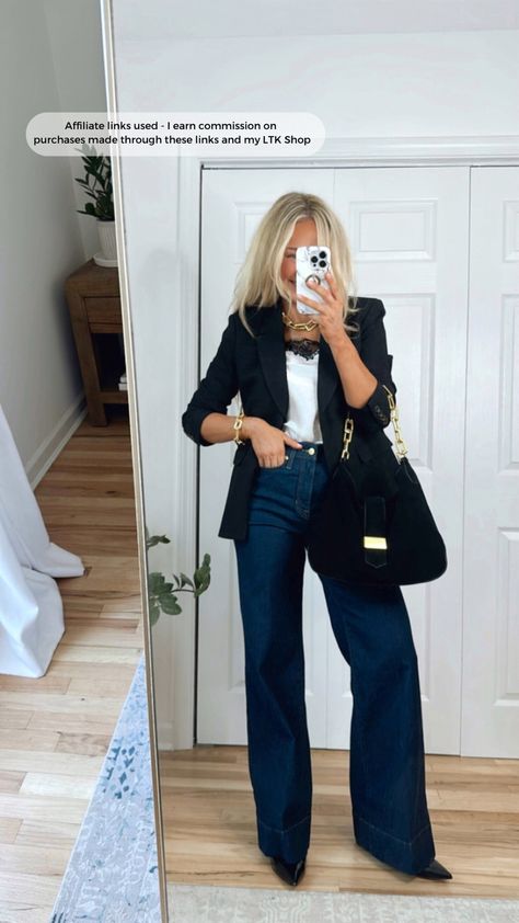 Madelyn blazer in four-season … curated on LTK Jeans Blazer Work Outfit, Blazer Work Outfit, Jeans Blazer, Chic Fall Outfits, Lace Trim Top, 9 To 5, Four Season, Dinner Outfits, Blazer With Jeans