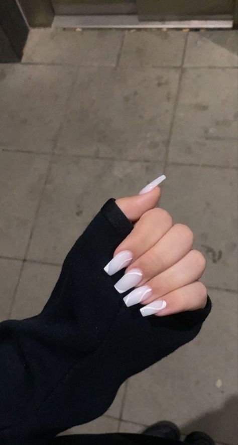 White Nails With Designs Ballerina, White Nails White Design, White Nail Designs Ballerina, Vacation Nails Ballerina Shape, White Ballerina Nails Design, Milky White On White French Nails, Cute Nails Acrylic Coffin White, Acrylic Nails With White Base, Trendy Nails Ballerina Short