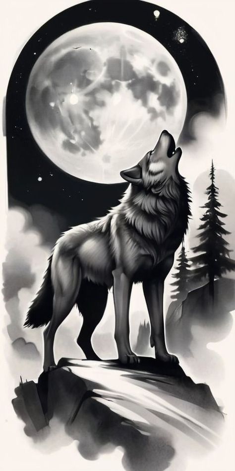 Wolf And Forest Tattoo Design, Wolf Moon Tattoo, Wolf And Moon Tattoo, Wolf Sitting, Howling Wolf Tattoo, Moon Tattoo Design, Wolf Forest, Animal Texture, Wolf And Moon