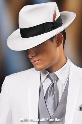 Fedora hat available to order at Wedding Treasures Bridal & Tuxedo Champagne Tuxedo, Suit References, Tuxedo Ideas, Gangster Wedding, Bridal Tuxedo, White Fedora Hat, White Fedora, Mens Tracksuit Set, Mens Dress Hats