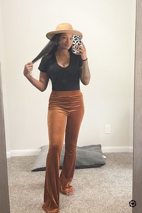 Cute fall orange bell bottoms Brown Bell Bottom Jeans Outfit, Brown Corduroy Bell Bottoms Outfit, Plaid Bell Bottoms Outfit, Tan Velvet Pants Outfit, Orange Velvet Pants, Courdory Bell Bottoms Outfit, Orange Velvet Pants Outfit, Tan Bell Bottom Pants Outfit, Burnt Orange Flare Pants Outfit