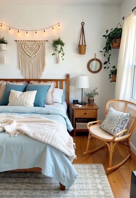 Light Blue Boho Bedroom Light Blue Boho Bedroom, Blue Boho Bedroom Ideas, Blue Boho Bedroom, Diy Wall Hangings, Bedroom Design Tips, Girls Blue Bedroom, Painted Planters, Thrifted Furniture, Boho Bedroom Design