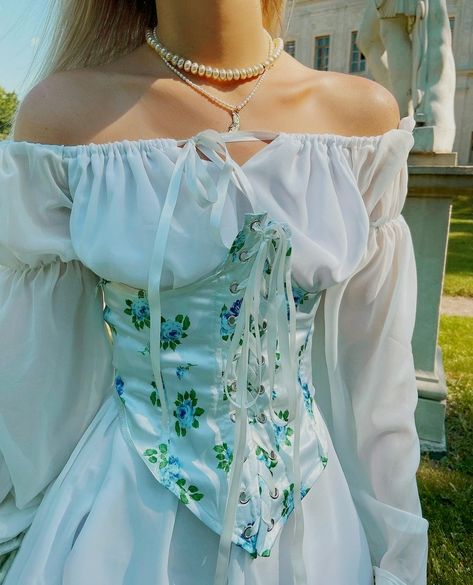 Corset, Dress, Fashion, Outfits. Pastel Corset, Corset And Pants, White Corset, Casual Streetwear, Mini Dress With Sleeves, Mini Dresses, Blue Flowers, Off Shoulder Dress, Aurora