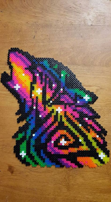 Rainbow Galaxy Wolf perler by LadyRaveicorn - Kandi Photos on Kandi Patterns Perler Bead Designs, Galaxy Wolf, Melty Bead Patterns, Perler Ideas, Pearl Beads Pattern, Art Perle, Perler Art, 8bit Art, Hama Beads Design