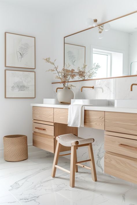 ♥ Looking to create a calming oasis in your home? Explore this minimalist bathroom with sleek design and minimalist decor. Get inspired with bathroom ideas for a remodel or a guest bathroom. 🛁✨ #bathroomdesign #bathroomdecor #bathroomideas Simple Minimalist Bathroom, White Bathrooms Modern, Minimalist Bathroom White, Bathroom Ideas Scandinavian, Calm Home Aesthetic, Ivory Bathroom Ideas, White And Wood Bathroom, Casita Decor, Scandinavian Bathroom Design Ideas