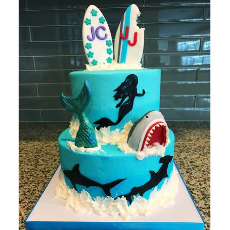 Mermaid Shark Cake, Shark And Mermaid Cake, Mermaid And Shark Cake Ideas, Shark And Mermaid Birthday Cake, Shark And Dinosaur Cake, Shark Sheet Cake, Megladon Shark Monster Truck Cake, Finny The Shark Cake, Double Birthday Parties