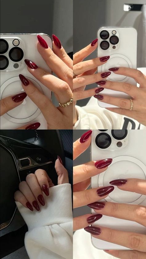 Cherry Red Coffin Acrylic Nails, Fall Aesthetic Nails Acrylic, Dark Cherry Red Nails Acrylic, Cherry Red French Tip Nails Almond, Red Nails Black French Tip, Short Dark Almond Nails, Dark Cherry Red Nails Almond, Cherry Red French Nails, Cherry Red Nails French Tip