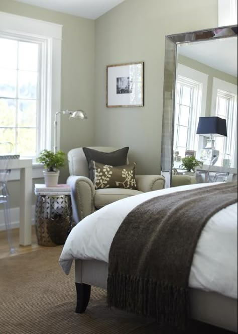 Benjamin Moore -Gray Mirage--An understated green with grey tones, gray mirage invites relaxation and calm. Perfect for 2nd master or study Lower Bed, Benjamin Moore Gray, Bedroom Colour, November Rain, Nook Ideas, House Makeover, Transitional Bedroom, Paint Colors Benjamin Moore, Mirror On The Wall