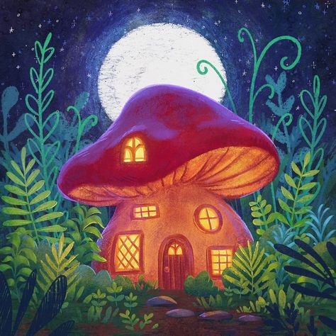 Mushroom House Painting Acrylic, Fairy House Painting, Mushroom House Painting, Mushroom House Art, Mushrooms Painting, Trippy Nature, Nba Wallpapers Stephen Curry, Mushroom Nails, Egg House