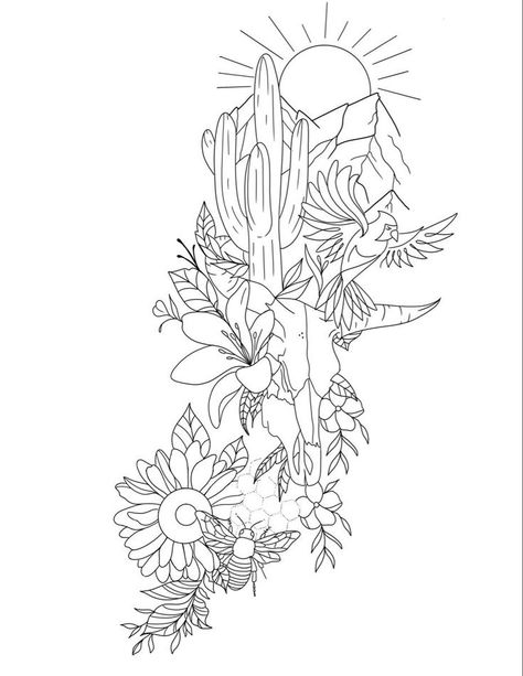 Half Sleeve Tattoos For Women Outline, Women Line Work Tattoo, Boho Tatoos Woman, Floral Cactus Tattoo, Flower Western Tattoo, Women Half Sleeve Tattoo Ideas Unique, Country And Western Tattoos, Spine Tattoo Western, Western Aztec Tattoo