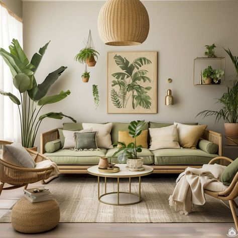 Sofa Boho, Chic Apartment Decor, Green Living Room Decor, Boho Sofa, Green Living Room, Deco Salon, Living Room Green, Home Design Living Room, Living Room Colors