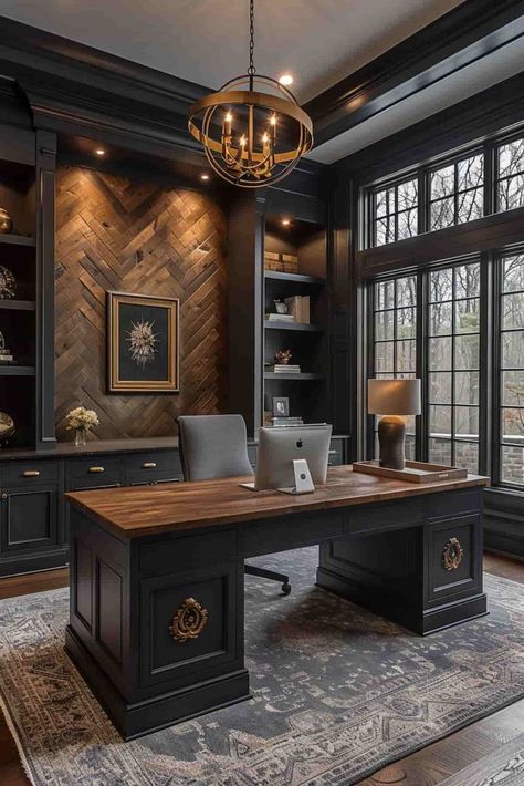 Mafia Office Aesthetic, Men’s Home Office Decor, Dream Home Offices, Mans Office Space, Moody Library Office, Men’s Study, Black Wall Office Ideas, Mans Office At Home, Black Office Ideas