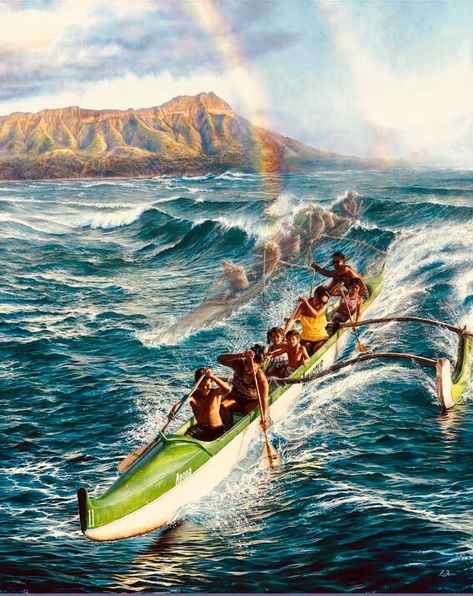 Hawaiian Outrigger Canoe Surfing : Panting By Leo Hone Hawaiian Artists, Hawaiian History, Outrigger Canoe, Polynesian Art, Hawaii Art, Canoe Paddle, Hawaiian Art, Aloha Spirit, Diamond Head