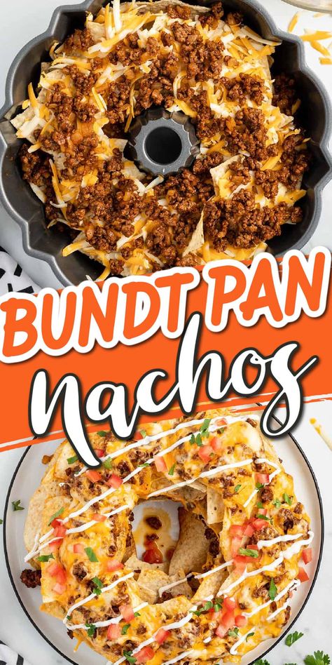 Meatloaf Bundt Pan Recipe, Nachos Made In Bundt Pan, Meals In A Bundt Pan, Mexican Casserole In Bundt Pan, Bundt Pan Appetizers, Bundt Pan Tacos, Taco In A Bundt Pan, Nachos In Bundt Pan, Pizza In A Bundt Pan