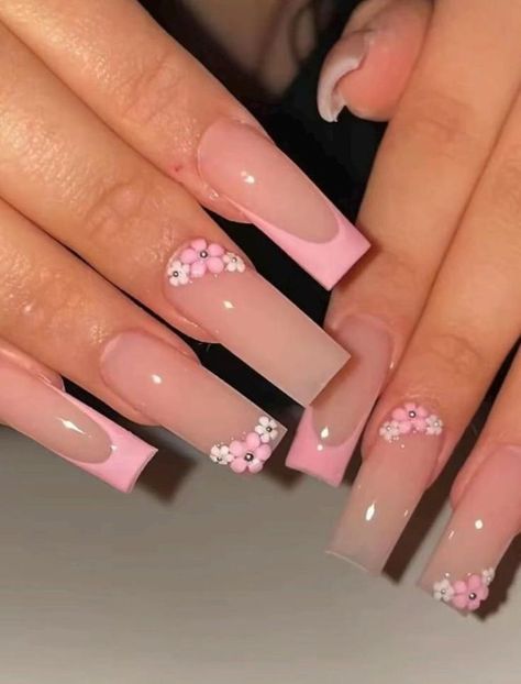 Pink Flower Charm Nails, Nail Inspo Acrylic Coffin Long, Simple Nail Ideas Medium Length, Flower Nails Charms, Classy Flower Nails, Acrylic Nails No Charms, Cute Work Nails, Square Acrylic Nails With Flowers, Cute Long Nails With Charms