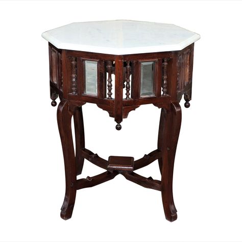 Victorian Style Teak Wood Hexagon End Table With Marble Top Wood Side Table Living Room, Style End Table, White Marble Side Table, Accent Table Decor, Room Side Table, Side Table White, Table With Marble Top, Wood Hexagon, Cabin Rustic