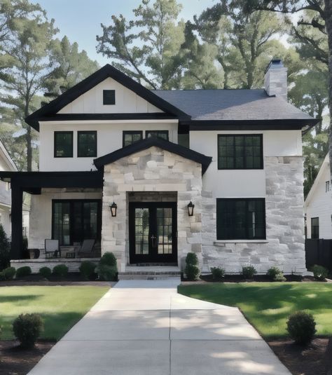 Modern Colonial style home perfect for prioritizing wellness and self-care. Modern Farm Houseplans Interior Design, Transitional Modern Exterior, Modern Farm Houseplans, New House Aesthetic, Transitional Exterior Home Design, Farm Houseplans Interior, Farm Houseplans, Black And White House Exterior, Transitional Exterior Home