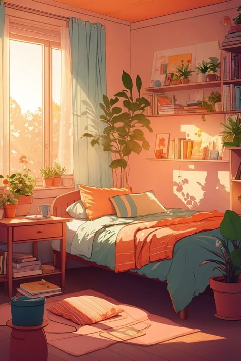 Apartment room wallpaper design, colorful ✨ Peachy Room Aesthetic, Animated Room Background, Room Background Drawing, Lofi Painting, Cozy Room Drawing, Room Illustration Art, Lofi Bedroom, Lo-fi Wallpaper, Room Digital Art