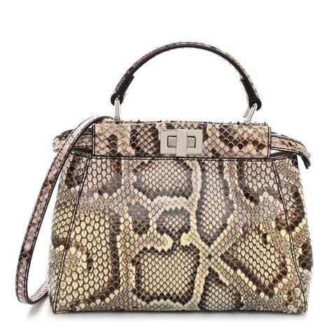 This is an authentic FENDI Snakeskin Shiny Nappa Mini Peekaboo Iconic Satchel in Roccia and Light Rose. This beautiful handbag tote is crafted of snakeskin leather. The bag features a sturdy, reinforced leather top handle with gold links with a gold turn lock that when opened, releases the central sturdy panel with sides relaxed and carried as a tote. With the lock secure, there is a cross-body shoulder strap to be worn as a shoulder bag. 1408534 Light Rose, Beautiful Handbags, Rose Lights, Leather Top, Tote Handbags, Snake Skin, Cross Body, Top Handle, Satchel