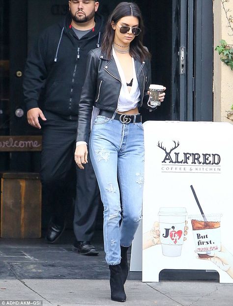 She's at it again: Kendall Jenner flashed her underwear while grabbing coffee in Los Angeles on Thursday Black Jacket Outfit, Jenner Girls, Kendall Style, Boating Outfit, Cropped Leather Jacket, Kendall Jenner Outfits, Jacket Outfit, Wedge Ankle Boots, Jeans White