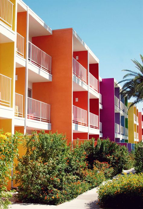 The Saguaro Hotel, Palm Springs, California, United States California Hotel Aesthetic, Saguaro Hotel, Pastel Danish, Interesting Houses, View Beach, Naive Painting, Colour Architecture, Modern Desert, Hotel Project