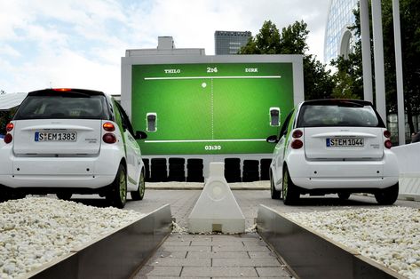 Daimler promoted the third generation Smart For Two electric drive car at the September 2011 Frankfurt Motor Show (IAA) with eBall, an interactive game event using cars to play a digital game of Pi… Digital Activation, Ambient Ads, Lexus Sc 430, Car Expo, Ambient Advertising, Car Launch, Car School, Billboard Ads, Kia Car