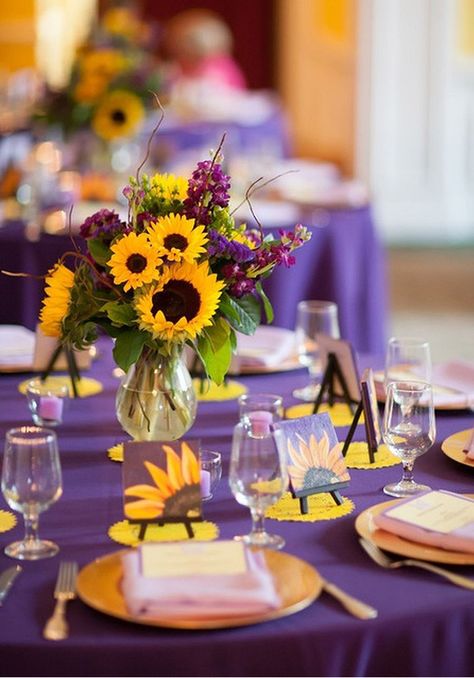 est Purple Mason Jars, Tangled Wedding, Sunflower Wedding Decorations, Prayer Breakfast, Yellow Wedding Theme, Sunflower Centerpieces, Sunflower Themed Wedding, Reception Inspiration, Yellow Decor