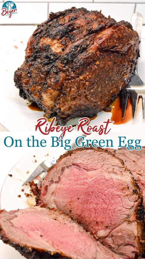 Knowing how to make a ribeye roast can mean a perfect beef holiday dinner entree that is perfectly cooked to a medium rare with a garlic and pepper crust all done on the Big Green Egg grill or the oven. Prime Rib On Green Egg, How To Cook A Ribeye Roast, Smoked Ribeye Roast, Big Green Egg Ribs, Bone In Ribeye Roast, Green Egg Ribs, Roast On The Grill, Big Green Egg Grill, Green Egg Grill