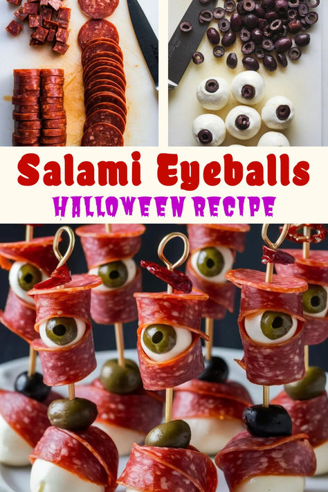 A colorful pin showcasing "Salami Eyeballs Halloween Recipe" with bold text. The top features sliced pepperoni and chopped olives with mozzarella balls. Below, finished skewers of salami-wrapped mozzarella "eyeballs" with olives, perfect for a spooky Halloween snack. Spooky Food Appetizers, Eyeballs Halloween Food, Spooky Finger Foods For Halloween Party, Halloween Antipasto Eyeballs, Halloween Hourderves Savory, Halloween Salami Eyeballs, Halloween Meat Snacks, Mozzarella Eyeballs Halloween Party, Spooky Themed Appetizers