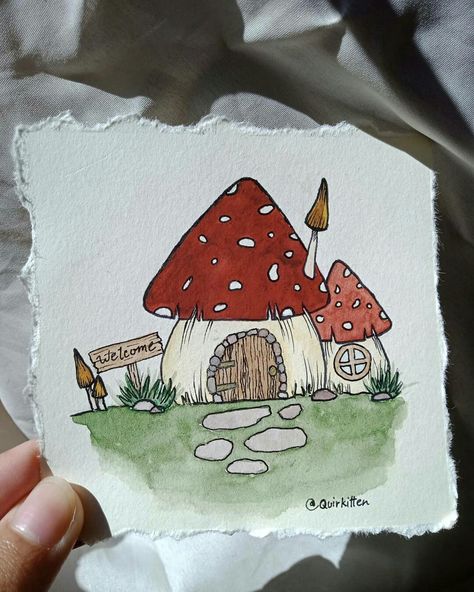 Mushroom house or cob house. Cottagecore art Cute Mushroom House Drawing Easy, Mushroom Drawing Paintings, Mushroom House Painting Easy, Watercolor Art House Easy, Creative House Drawing, Drawing Ideas House Sketch, Easy Mushrooms To Draw, Drawing Mushroom House, Watercolour Drawings Easy