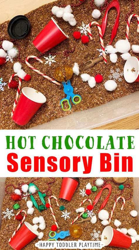 January Sensory Bin Ideas Preschool, Rice Bin Sensory, Winter Sensory Bin Infants, Manners Sensory Bin, Easy Preschool Sensory Bins, Chocolate Sensory Play, Hot Coco Sensory Bins, Black Beans Sensory Bin, Fall Rice Sensory Bin