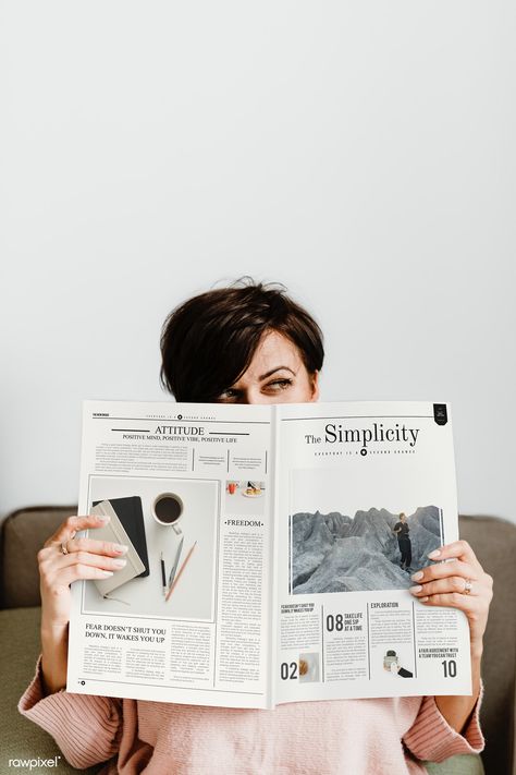 Cheerful woman covering her face with a magazine | premium image by rawpixel.com / Karolina / Kaboompics Woman Reading Newspaper, Holding Newspaper, Newspaper Mockup, Reading Magazine, Reading A Magazine, Rose Mary, Womens Business, Creative Banners, Fashion Dresses Formal