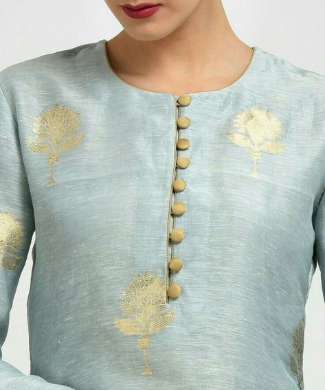 Silk Kurti Neck Designs Neckline, Printed Kurti Designs, Chudidhar Neck Designs, Silk Kurti Designs, Salwar Neck Designs, New Kurti Designs, Churidar Designs, Serenity Blue, Silk Kurti