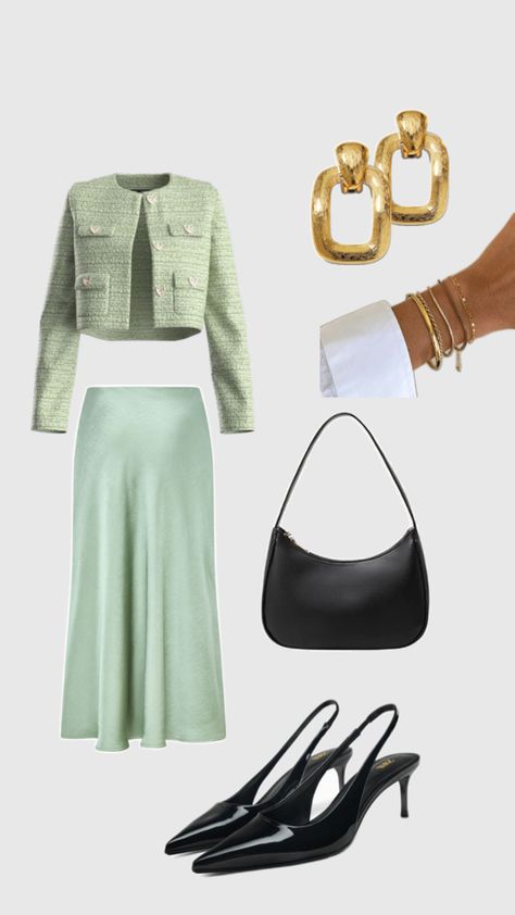 Add a touch of elegance to your everyday look with a sage green silk skirt paired with a chic green tweed jacket. Elevate the outfit with black pointed heels, shoulder bag and gold chunky jewellery for a polished daytime look or an easy transition to a rooftop bar. #FashionStyling #SpringFashion #OutfitInspiration #SpringTrends #fashion #quietluxury #outfit #blackgirlfashion #styleinspo #blackgirl #ootd #spring #classy Quiet Luxury Outfit, Luxury Outfit, Green Tweed Jacket, Chunky Jewellery, Green Silk Skirt, Green Tweed, Black Pointed Heels, Chunky Jewelry, Pointed Heels