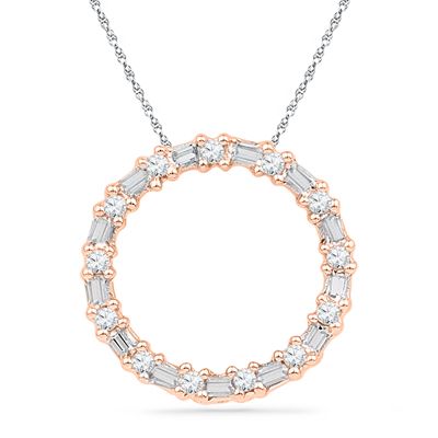 1/5+CT.+T.W.+Baguette+and+Round+Diamond+Circle+Pendant+in+10K+Rose+Gold Necklace Set Gold, Creative Necklace, Diamond Circle Pendant, Delicate Gold Necklace, Diamond Pendants Designs, Dainty Diamond Necklace, Diamond Bling, Pendant Sets, Diamond Jewelry Necklace