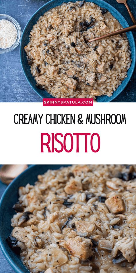 Creamy risotto with chicken and mushrooms pin Creamy Chicken Risotto, Mushroom Asparagus Risotto, Risotto With Chicken, Risotto Recipes Chicken, Creamy Risotto, Chicken And Mushrooms, Healthy Low Fat Recipes, Creamy Mushroom Chicken, Chicken Risotto