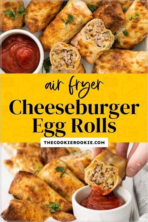 Cheeseburger Egg Rolls Recipe, Air Fryer Cheeseburger, Hamburger With Egg, Ground Beef And Bacon, Homemade Dipping Sauce, Cheeseburger Egg Rolls, Hamburger Rolls, Wonton Wrapper Recipes, Egg Roll Ingredients